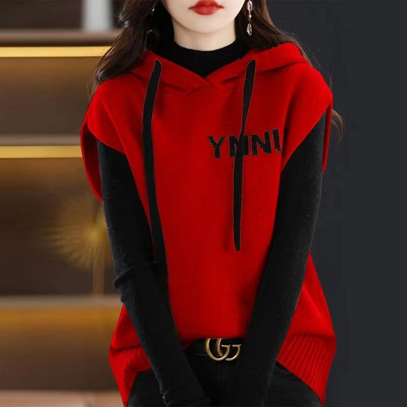 连帽针织衫女马甲秋冬款2024新款秋季背心打底衫内搭大码时尚上衣