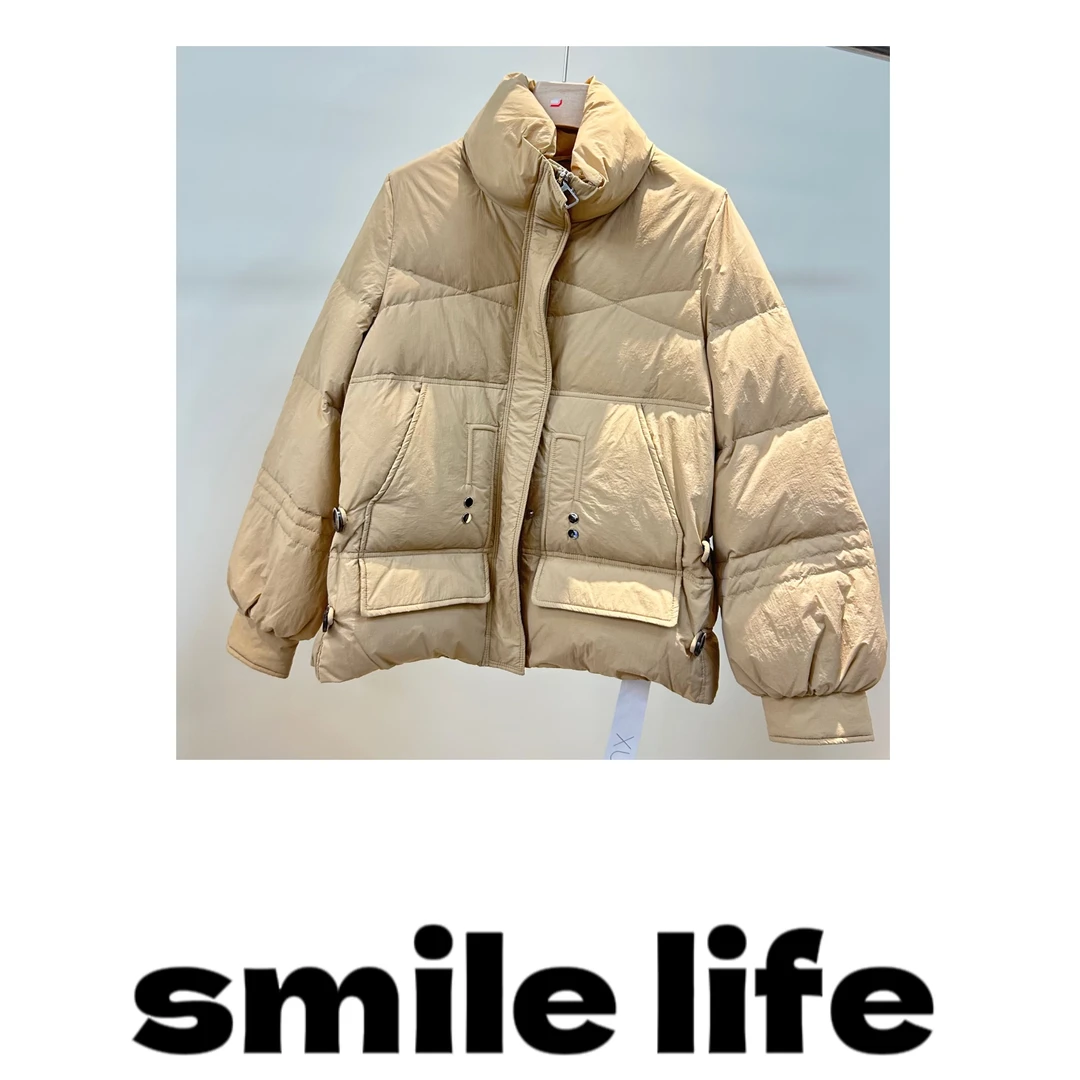 D133-咖色-设计师款-短款羽绒服白鸭绒款羽绒服时尚拼接