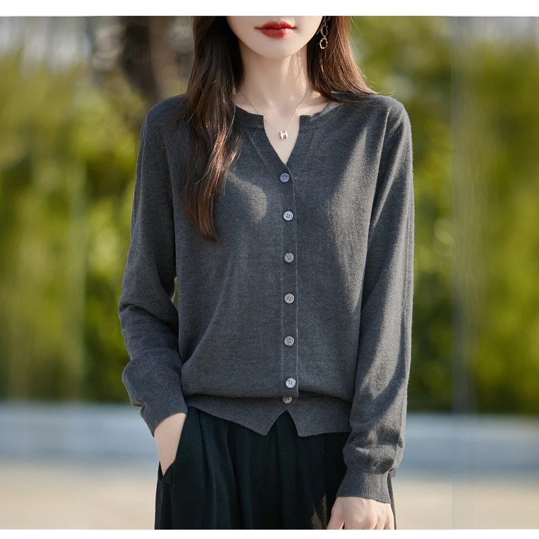 开衫女领纯色针织毛衣外套简约百搭显瘦上衣妈妈装中老年女装