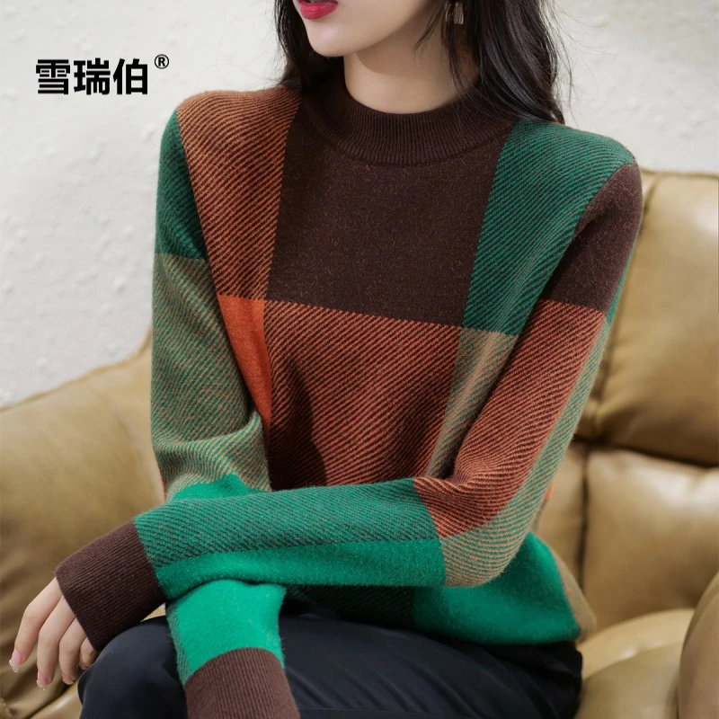 【法式轻奢】半高领拼色毛衣女秋冬新款宽松加厚时尚妈妈装打底衫
