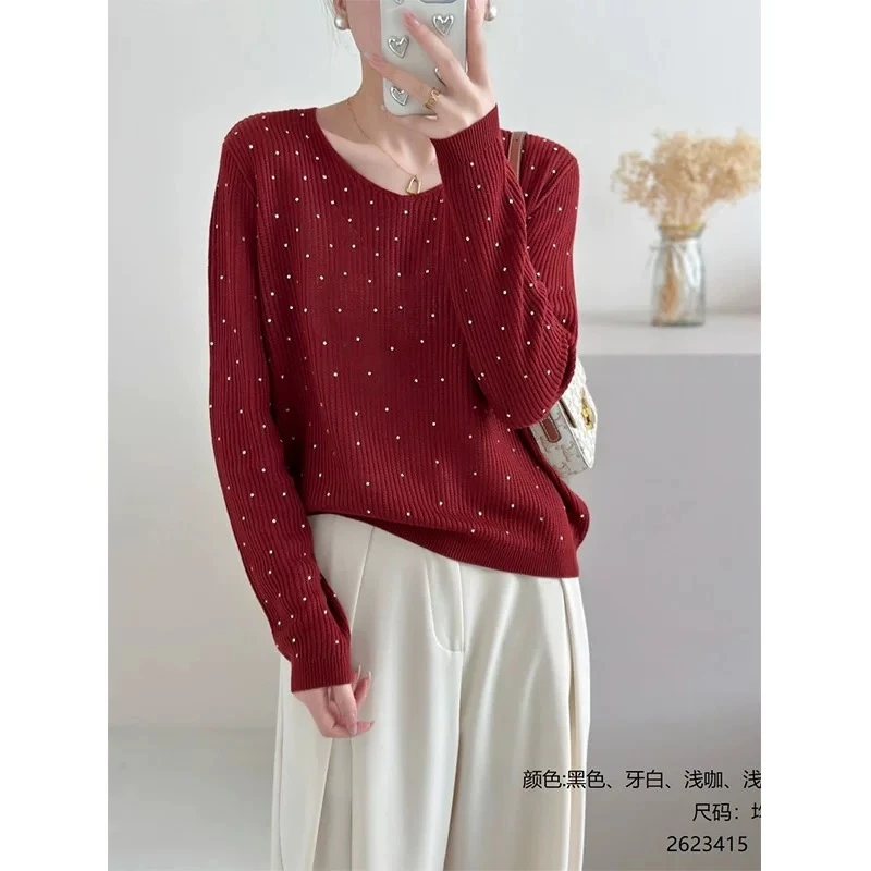 【超细精纺羊毛】秋冬新款洋气时尚满天星镶钻女装宽松针织衫毛衣