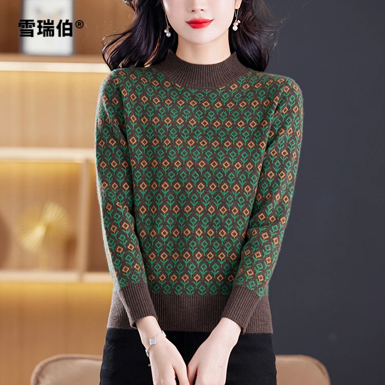 【超细精纺纱线】柔软洋气提花半高领厚秋冬新款宽松新款打底毛衣