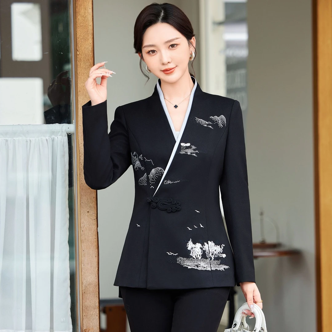 【维依高定】修身秋冬季气质中式常规职业黑山水画女版刺绣西服套装