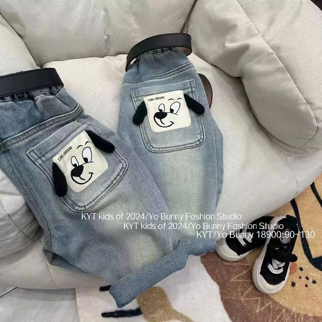 男童卡通牛仔长裤2025春秋新款薄款宝宝可爱软糯长裤儿童老爹裤