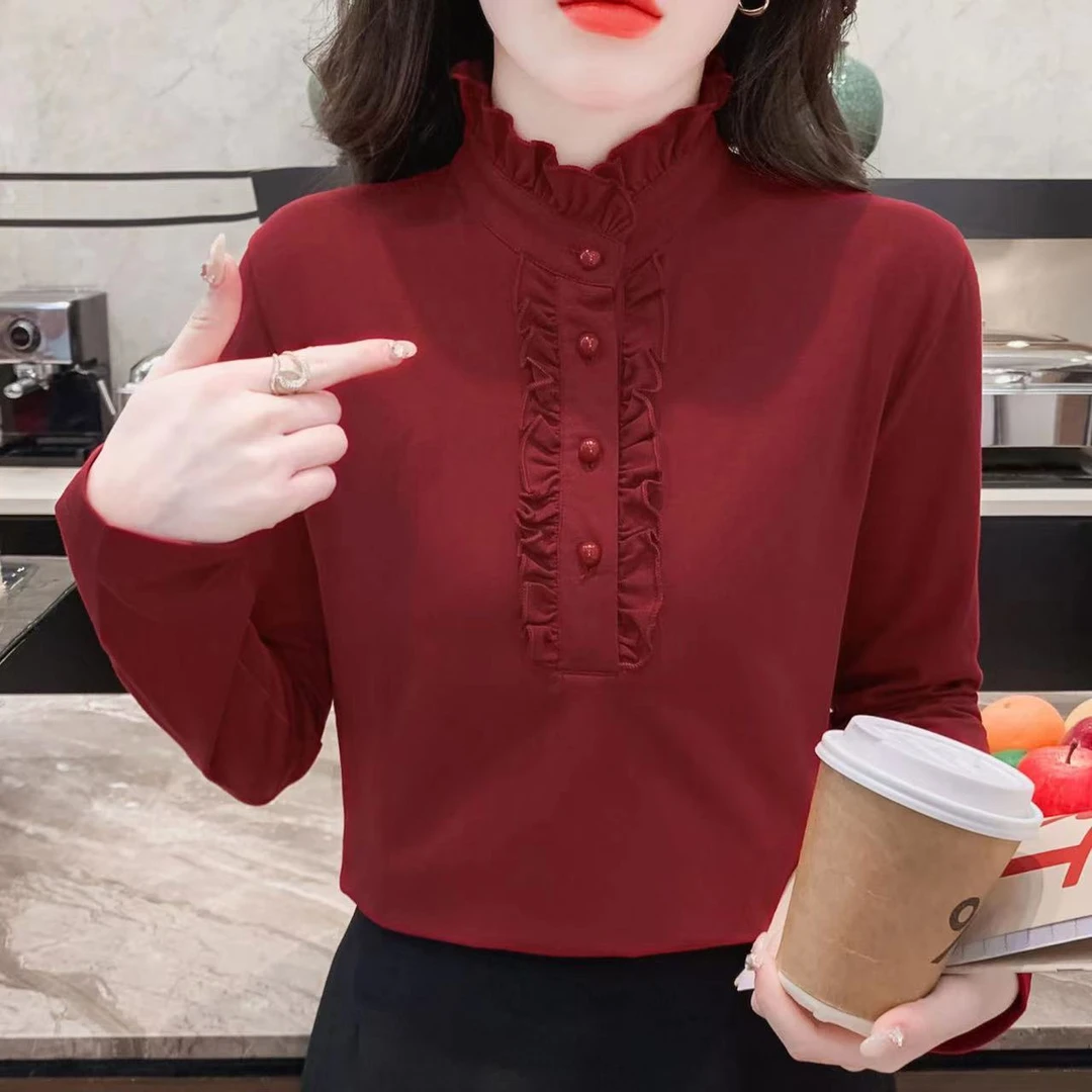 秋冬季高档气质木耳边打底衫女妈妈装修身内搭外穿长袖T恤上衣女
