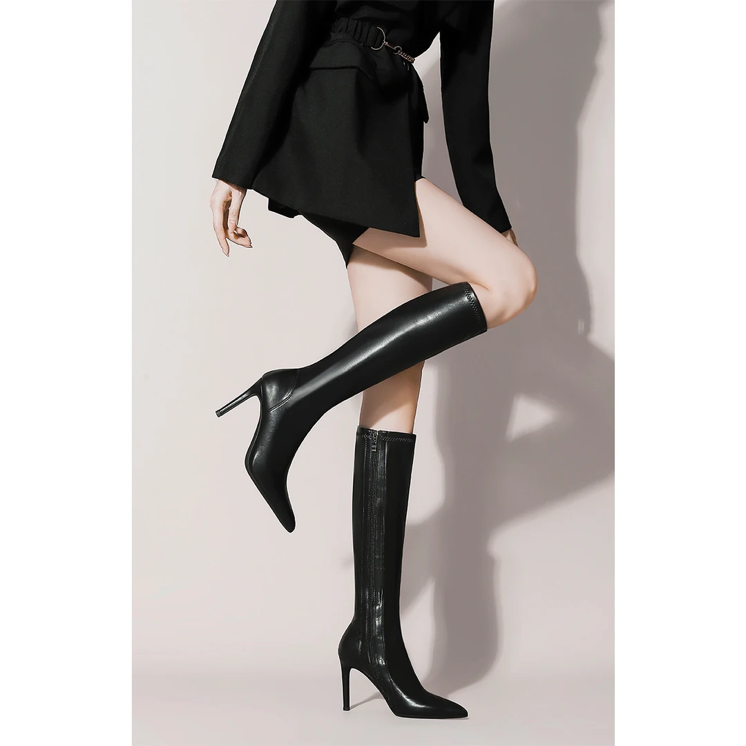 高跟长筒靴尖头细跟女士靴子2024新款爆款洋气黑色高筒靴不过膝靴