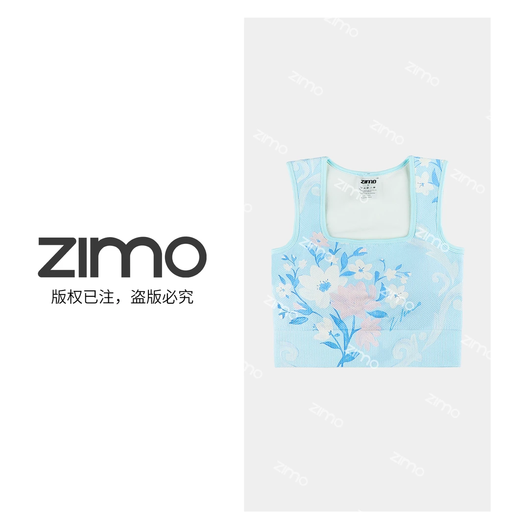 zimo-方领一体杯文胸粉化蓝叶-高端瑜伽健身瑜伽