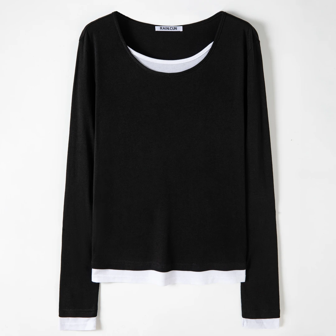 【RAIN.CUN】时尚新款简约轻奢薄款撞色假两件长袖T恤N11626