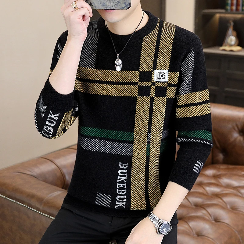 仿水貂绒毛衣男士2023秋冬季针织衫加厚保暖打底衫上衣条纹不起球