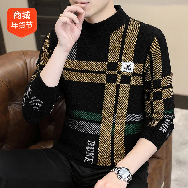 高档毛衣男款冬季仿水貂绒半高领针织衫秋冬季加厚保暖上衣不起球