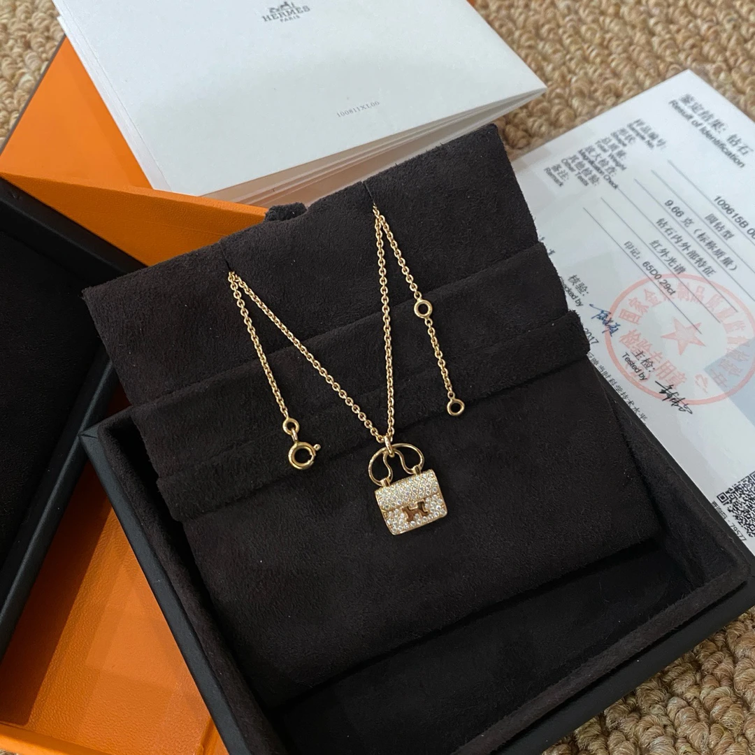99新 Hermes/爱马仕 康康满钻玫瑰金项链