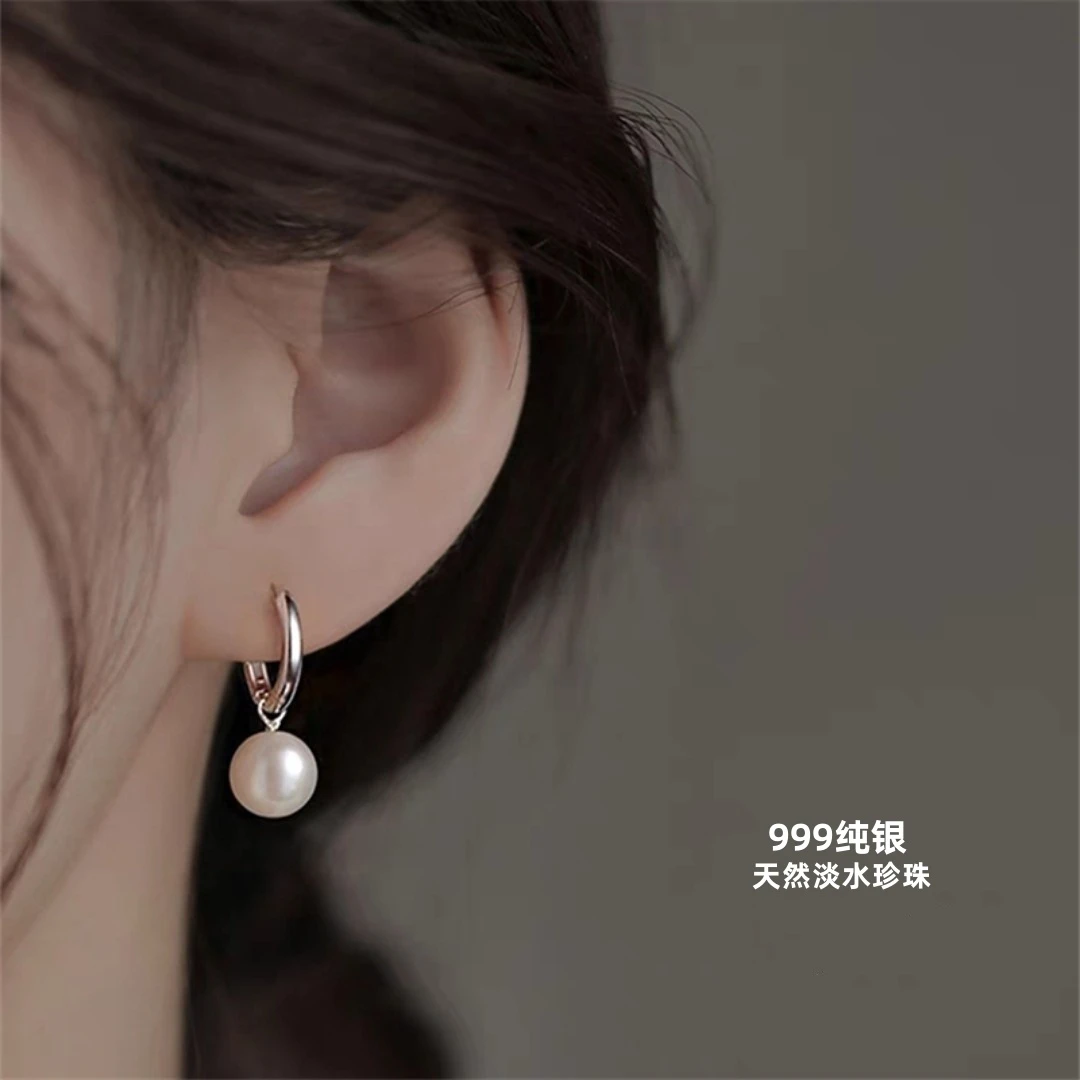 S999纯银近圆天然淡水珍珠耳环耳饰气质小众设计感耳钉耳圈女耳坠
