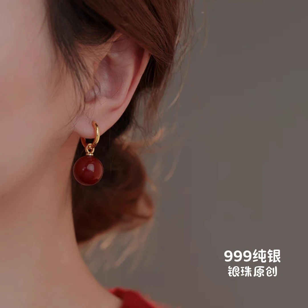 含辰砂工艺品S999纯银朱砂耳环红色耳饰女气质紫金砂耳圈百搭耳坠