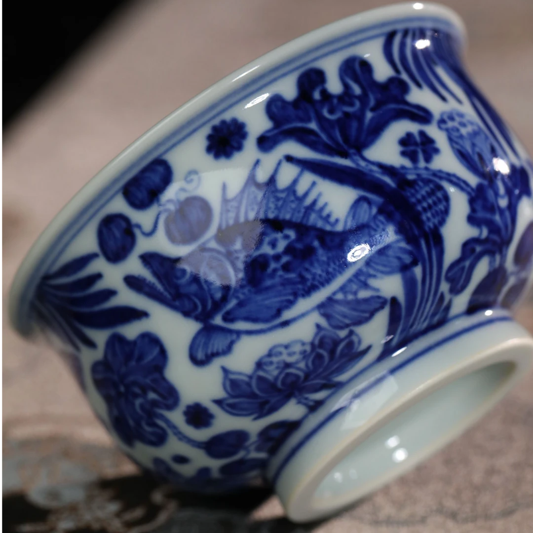 元黛工坊鱼藻高炉式杯陶瓷主人杯手绘全手工釉下青家用中式