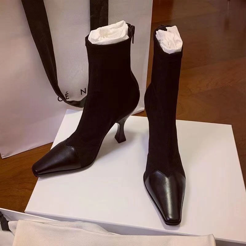 高跟短靴女细跟尖头加绒拼接2024年新款欧美秋冬季弹力瘦瘦靴裸靴