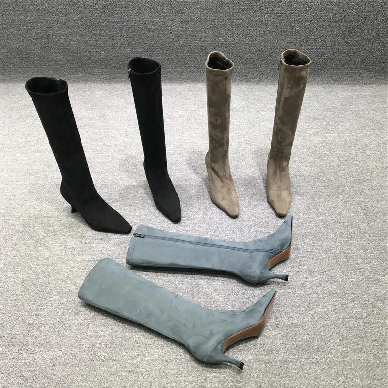 欧货新款方头高跟长筒靴女2023冬季细跟磨砂皮不过膝高筒靴高跟鞋