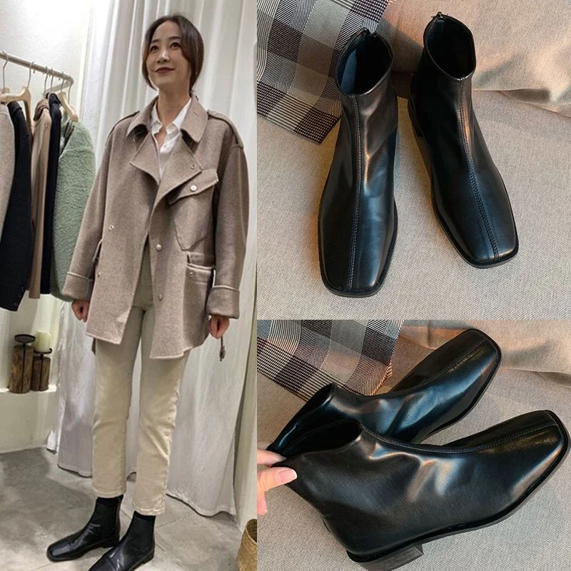 粗跟软底百搭短靴女瘦瘦靴百搭2024新款冬切尔西靴软皮中跟马丁靴