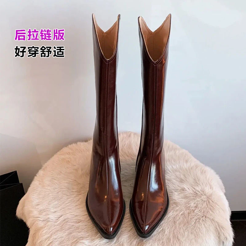 版~长筒靴女骑士靴2023秋新款白色不过膝长靴高筒西部靴子冬