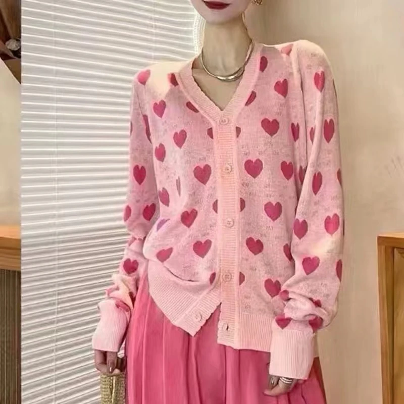 爱心提花撞色V领休闲百搭长袖针织开衫 新选f264