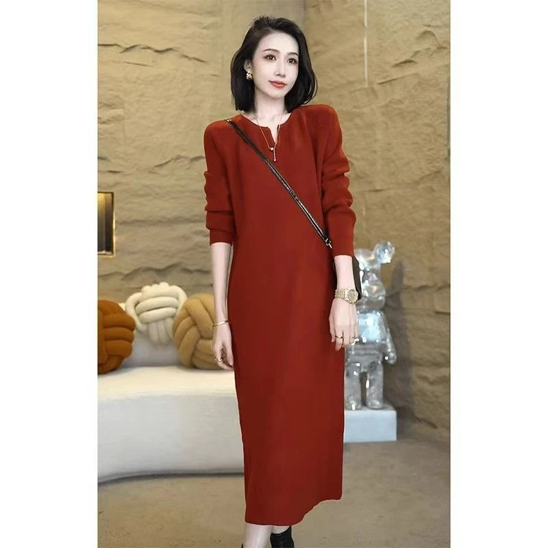 秋冬加厚气质V领裙子百搭显瘦高级感裙子长袖针织打底宽松连衣裙