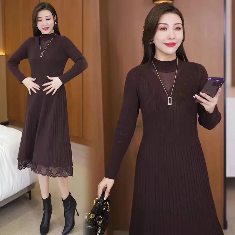 2025春秋修身气质装新款中长款女裙子百搭黑色显瘦裙子针织连衣裙