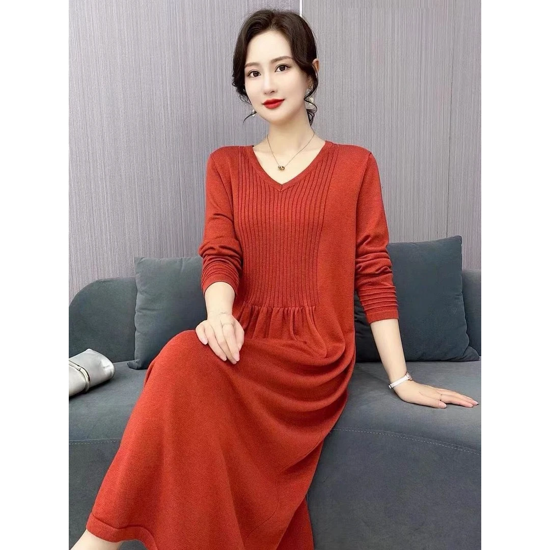 妈妈装针织连衣裙秋冬新款加肥加大码中年女装长款过膝毛衣裙打底