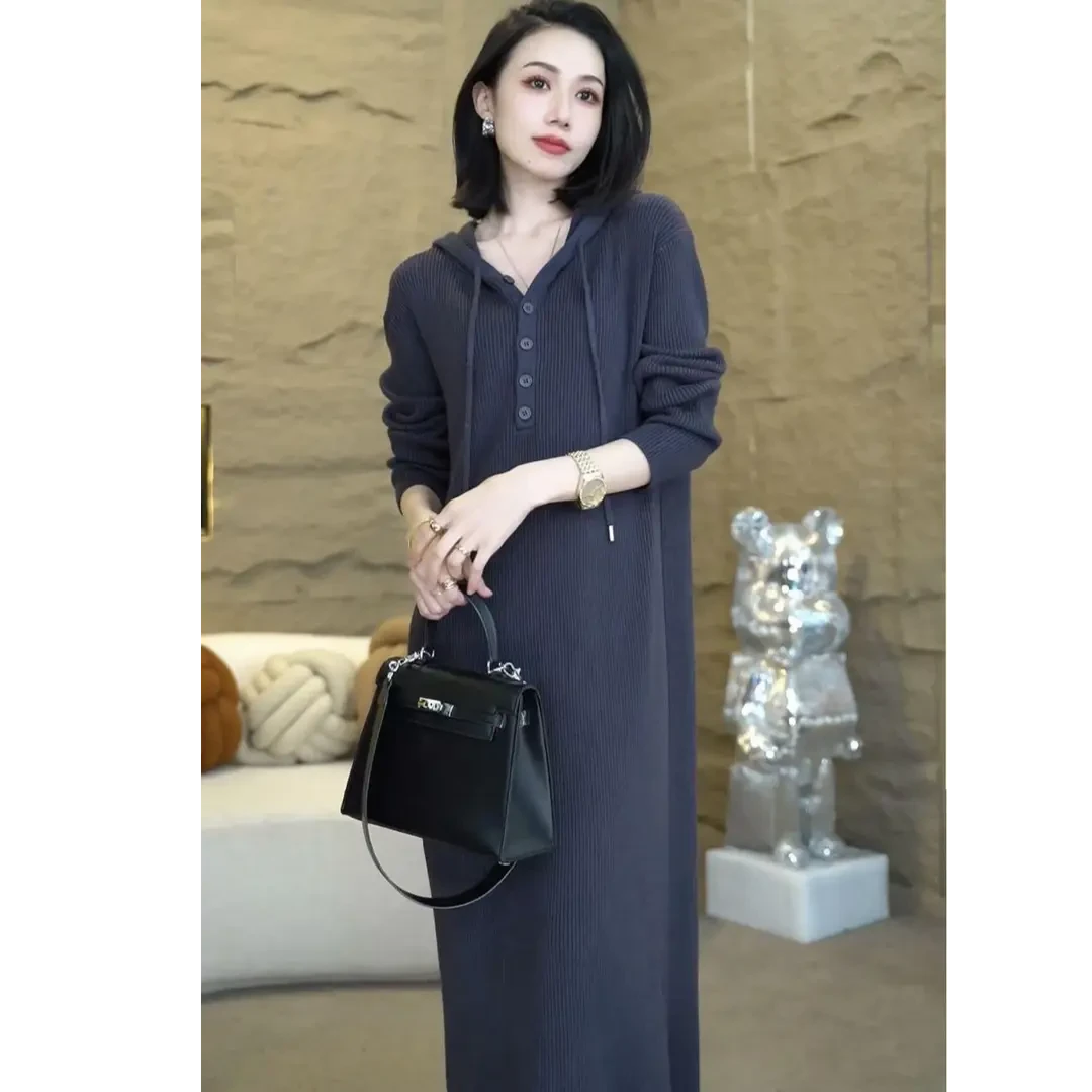 现货 大码宽松连帽连衣裙新款轻奢高级感休闲女款气质显瘦毛衣裙
