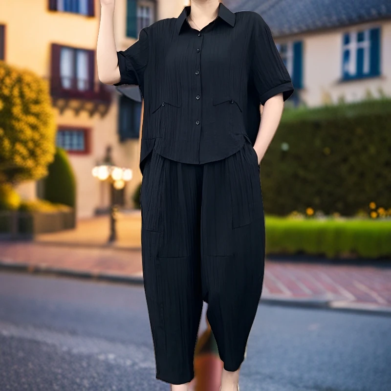 女夏季新款宽松显瘦减龄休闲显瘦中袖POLO领小衫上衣休闲裤两件套