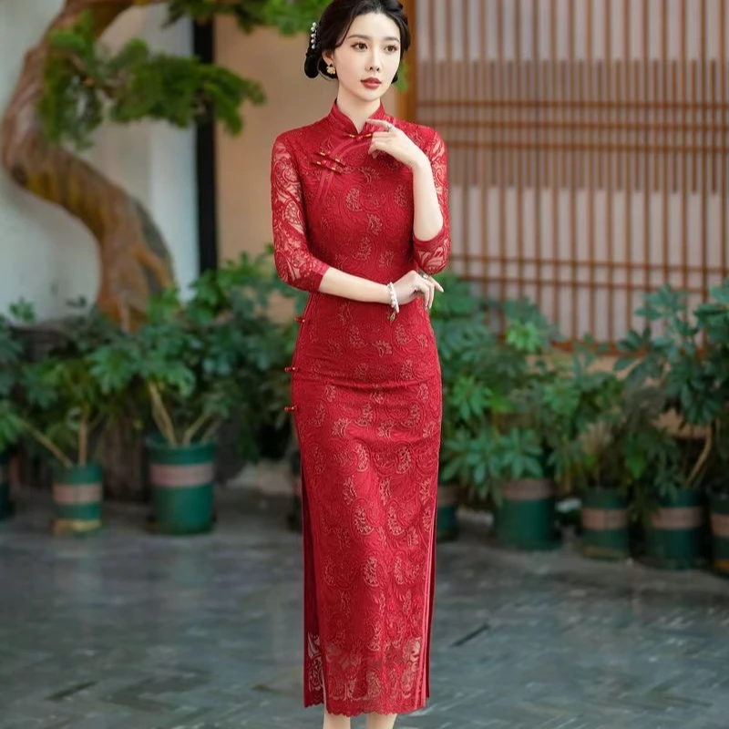 高质感蕾丝红色旗袍显瘦气质长袖长款修身ins日常优雅改良旗袍