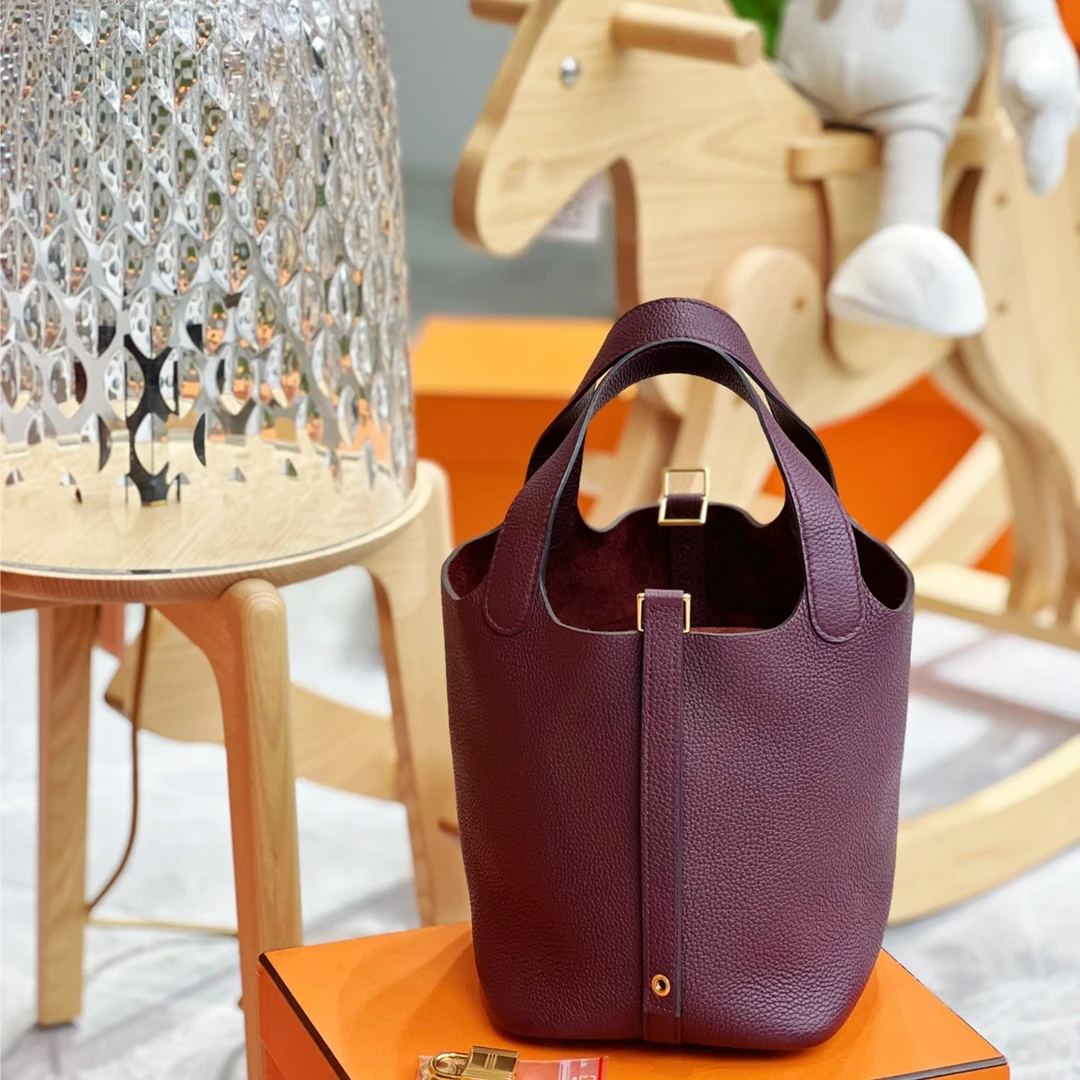 99新 Hermes/爱马仕 菜篮子18手提包波尔多红金扣tc皮Y刻/134839