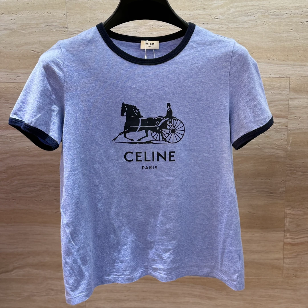 95新 Celine/思琳 简约百搭休闲蓝色马车短袖M码/公3350/154495