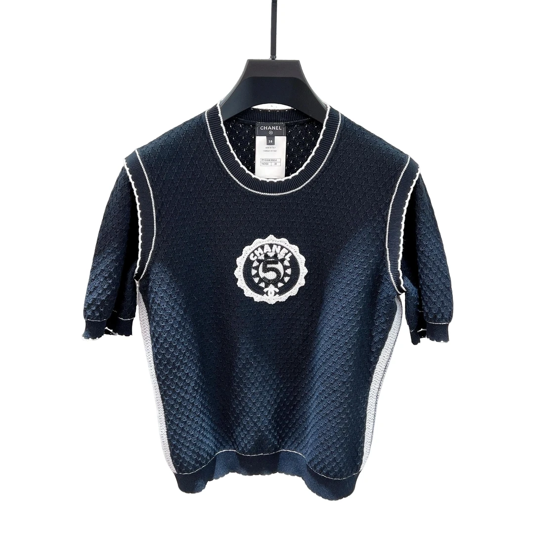 99新 Chanel/香奈儿 23C黑色针织5号钉珠亮片短袖 38码/公12500