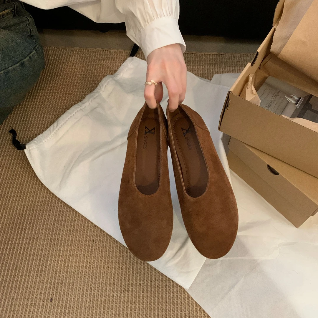 韩版复古真皮软底一脚蹬浅口奶奶圆头平底单鞋豆豆百搭舒适春季