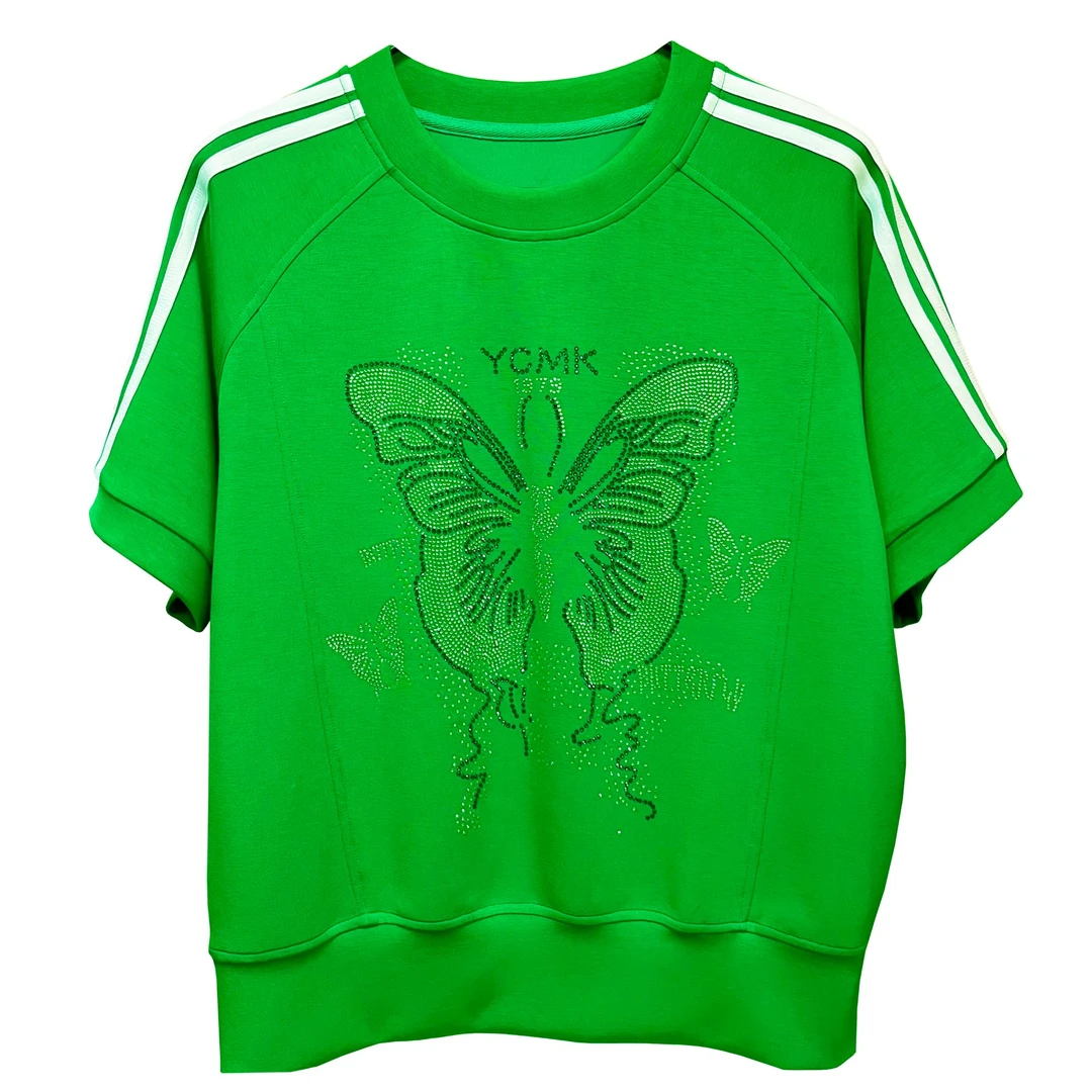 [ 蝴蝶图案-T恤 ]原创潮牌女装夏季轻奢透气减龄宽松款轻薄烫钻