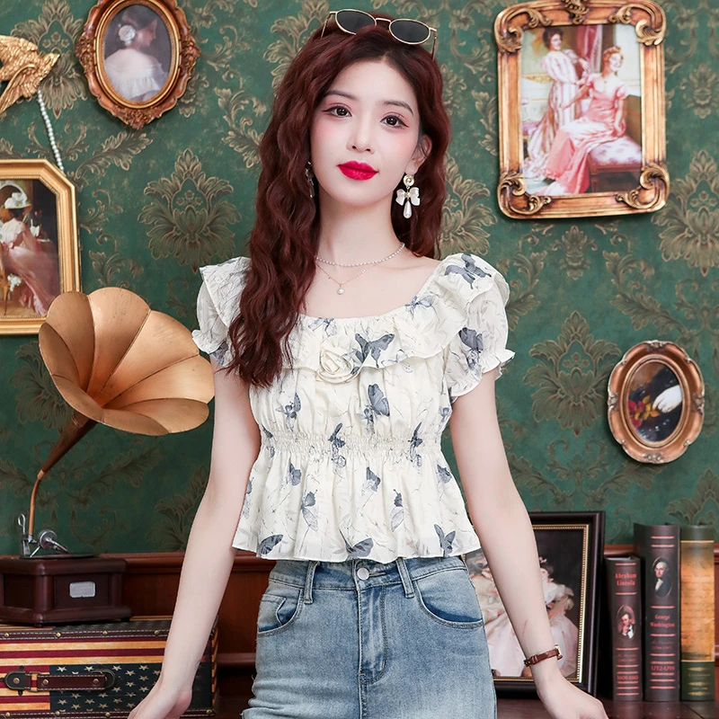 法式碎花方领短袖雪纺衬衫女夏季款修身收腰泡泡袖小个子短款上衣