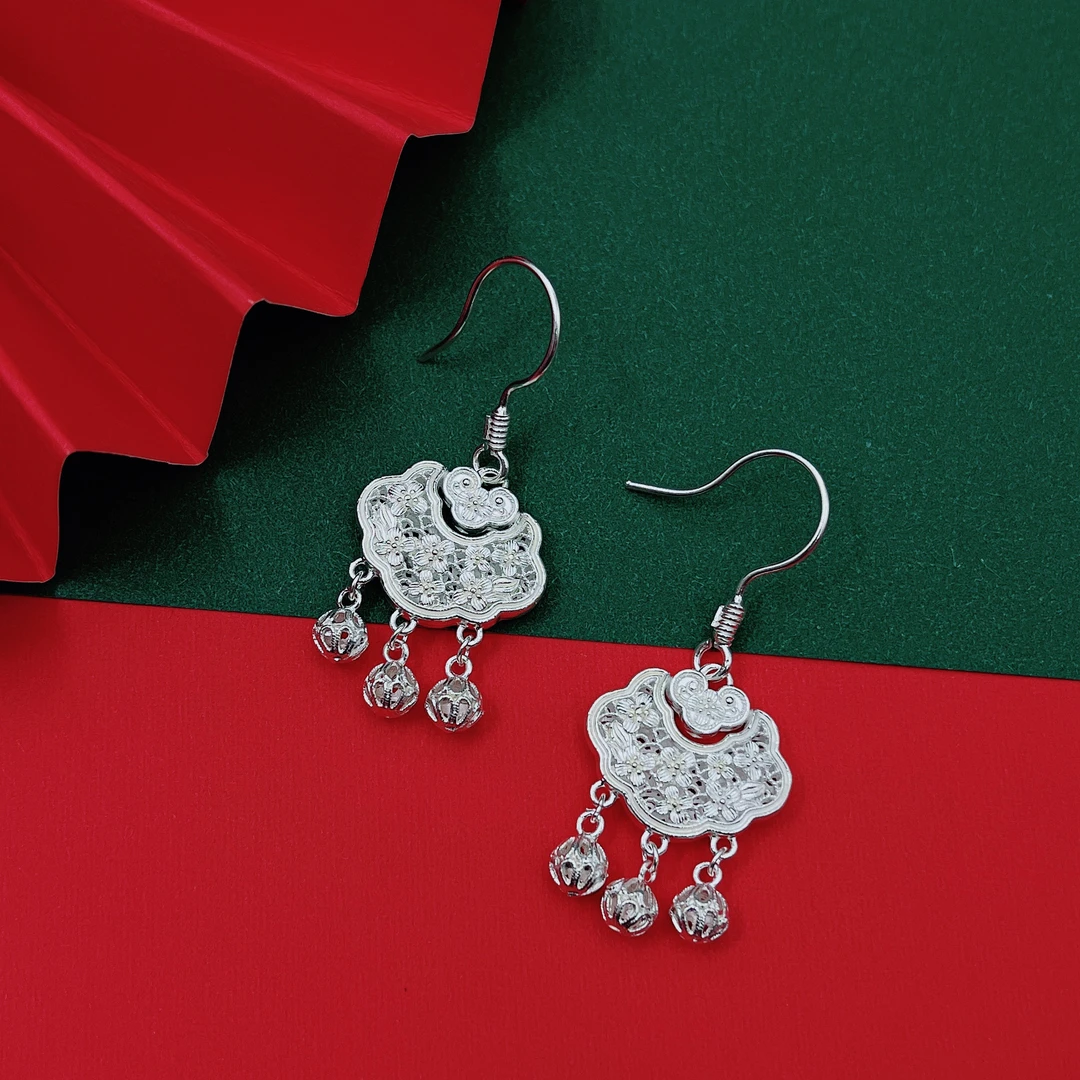 足银耳饰 足银平安锁花丝工艺吊绣球简单耳环耳坠