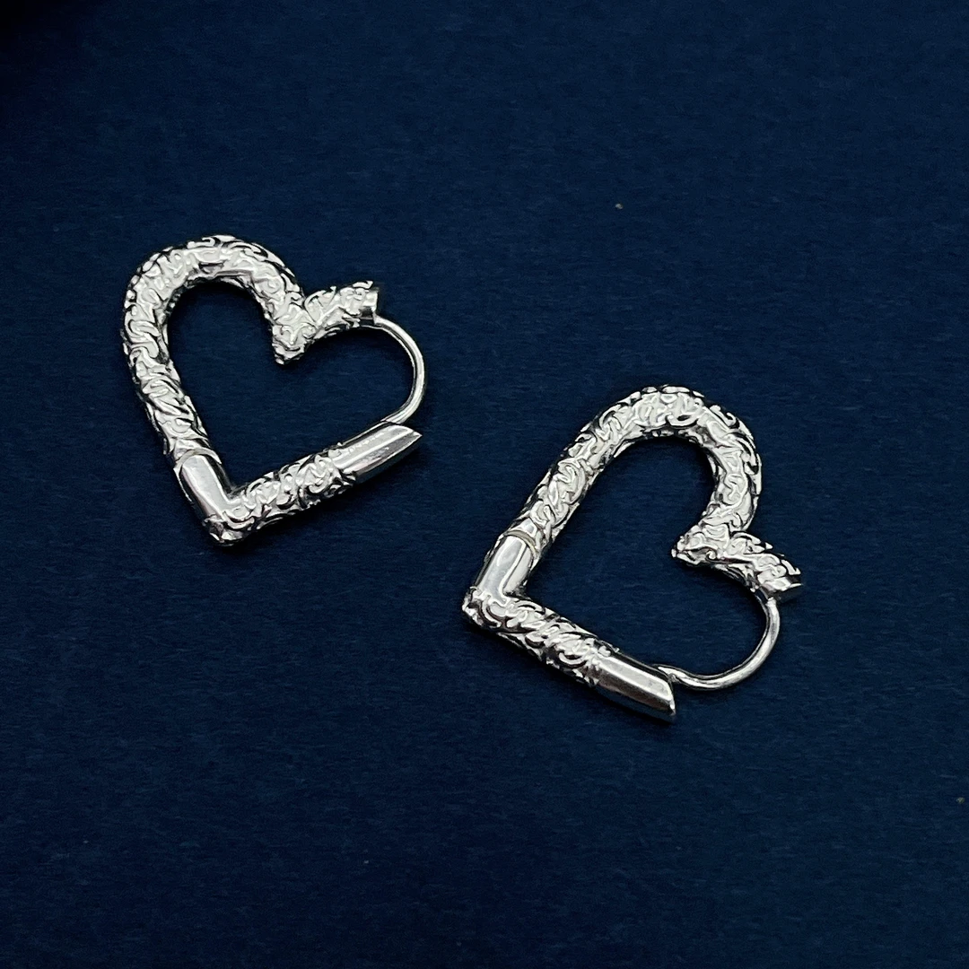 足银耳饰 足银6236爱心花纹耳扣时尚精致百搭大耳垂可戴耳扣