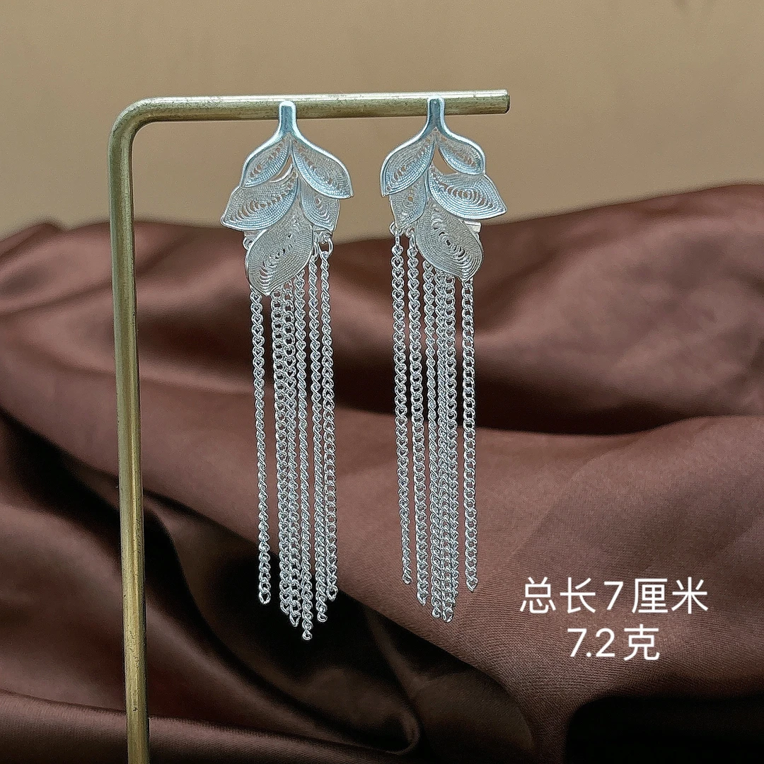 足银耳饰 足银金枝玉叶流苏耳钉精致时尚大气耳环耳坠