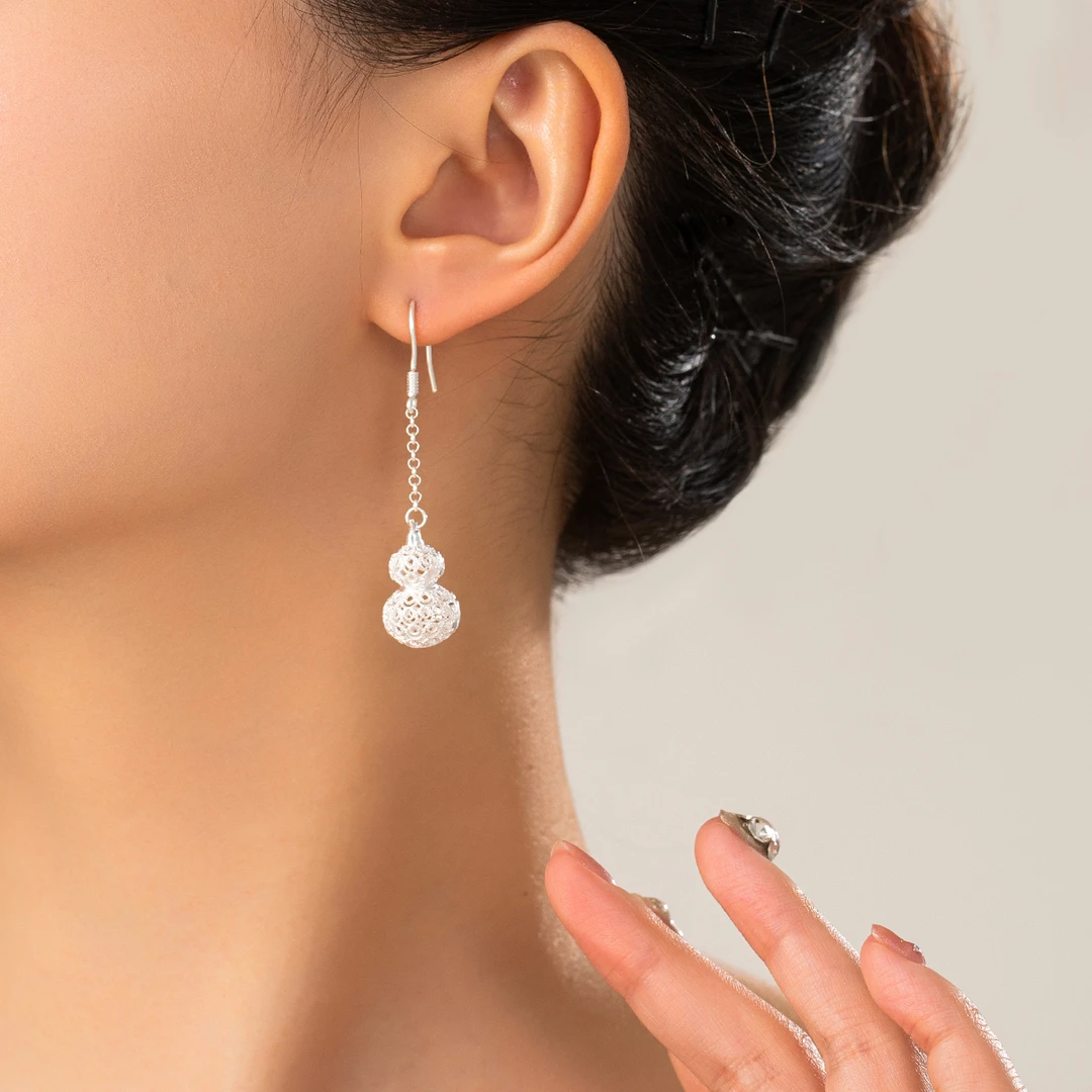 足银耳饰 足银（6224）五福葫芦花丝精致手工耳环精美耳饰古风