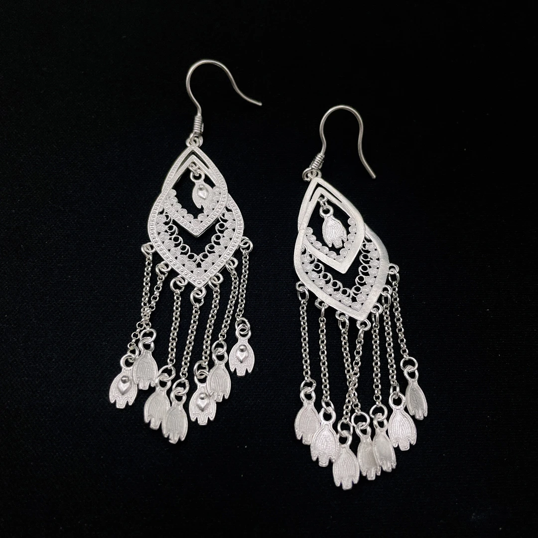 足银耳饰 足银水滴凤尾流苏精致百搭民族风耳环耳坠
