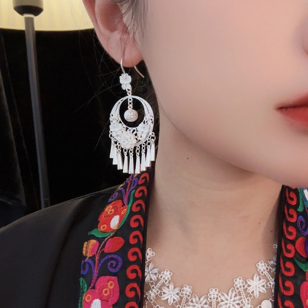 足银耳饰 足银6259莲花蝴蝶喇叭花丝精致纯手工民族风耳环耳坠