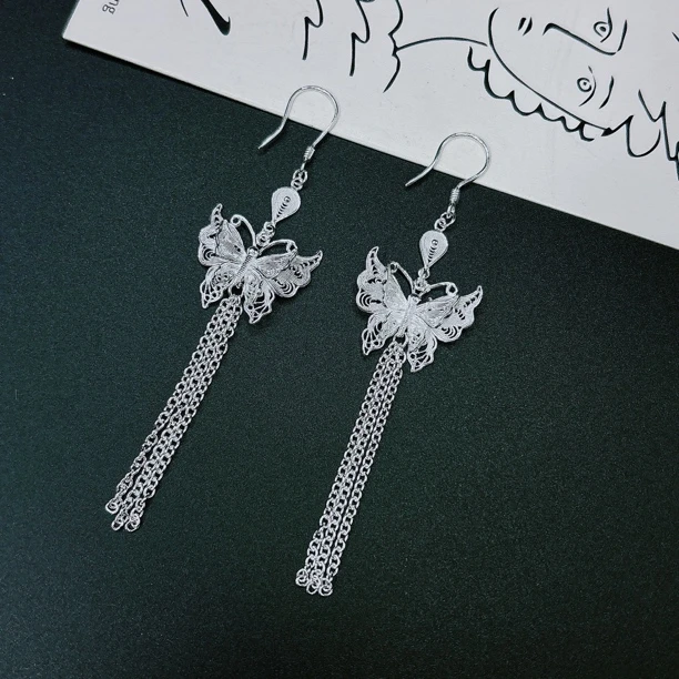 足银耳饰 足银6268双层蝴蝶花丝工艺长流苏精致纯手工耳环耳坠