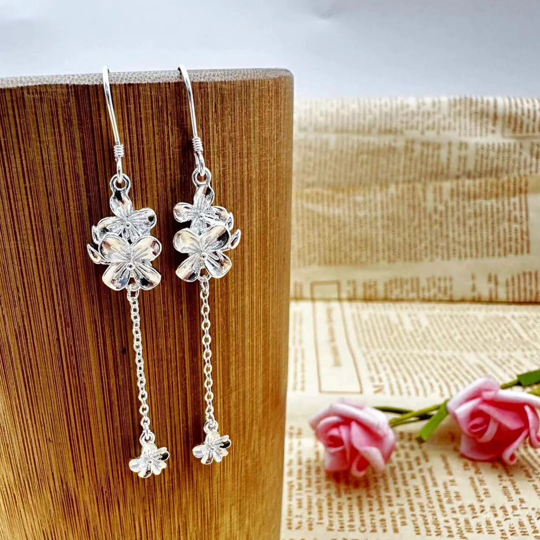 足银耳饰 足银四叶花流苏精致百搭大方耳环耳坠