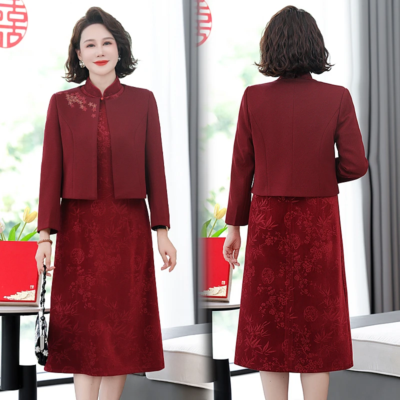 婚礼妈妈春秋装婚宴礼服旗袍洋气高贵中老年喜婆连衣裙套装两件套