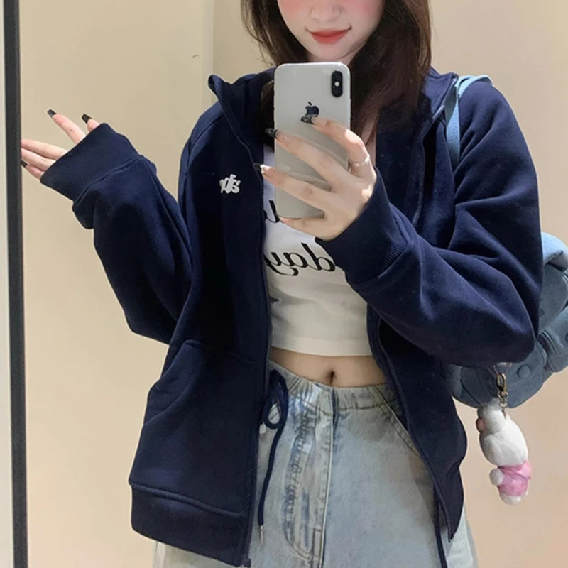 美式休闲运动连帽卫衣女2024秋冬新款胖妹妹宽松显瘦时尚开衫外套