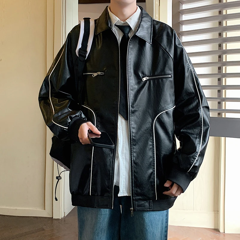 痞帅新潮时尚拼接线条皮夹克高级感休闲男装秋季新款拉链机车外套