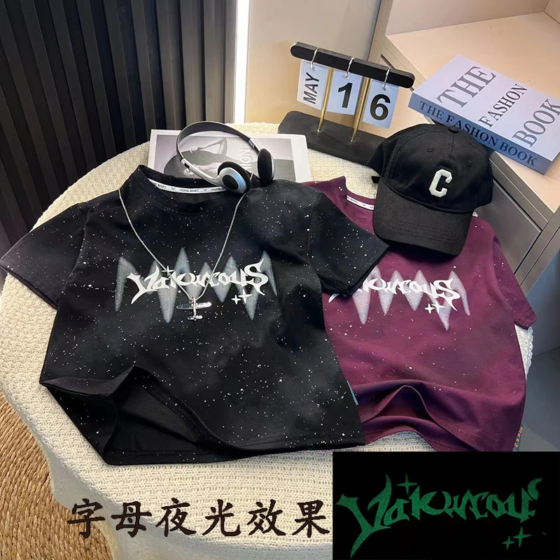 夏季儿童夜光字母T恤男女童潮流短袖黑色宽松