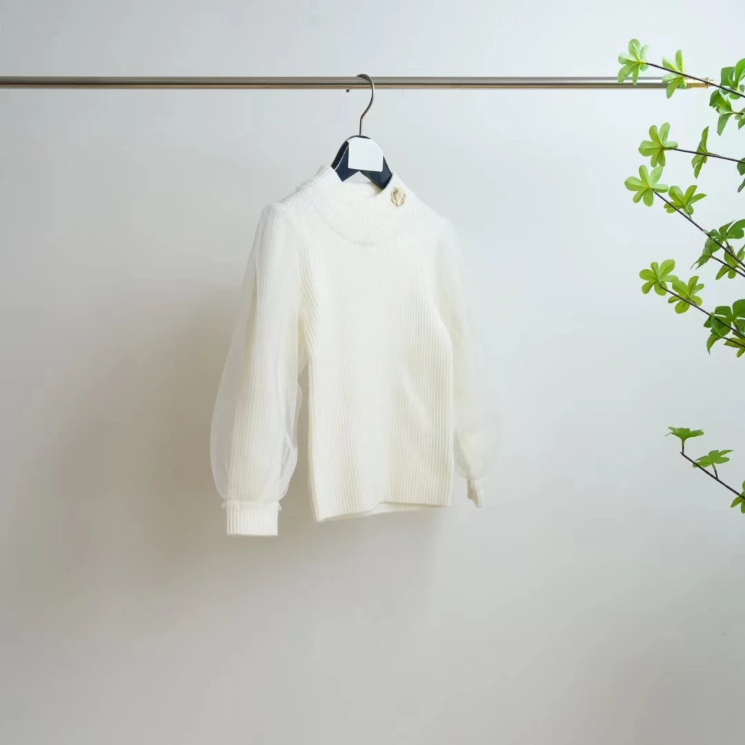 0064-白色花朵半高领网纱袖儿童针织毛衣