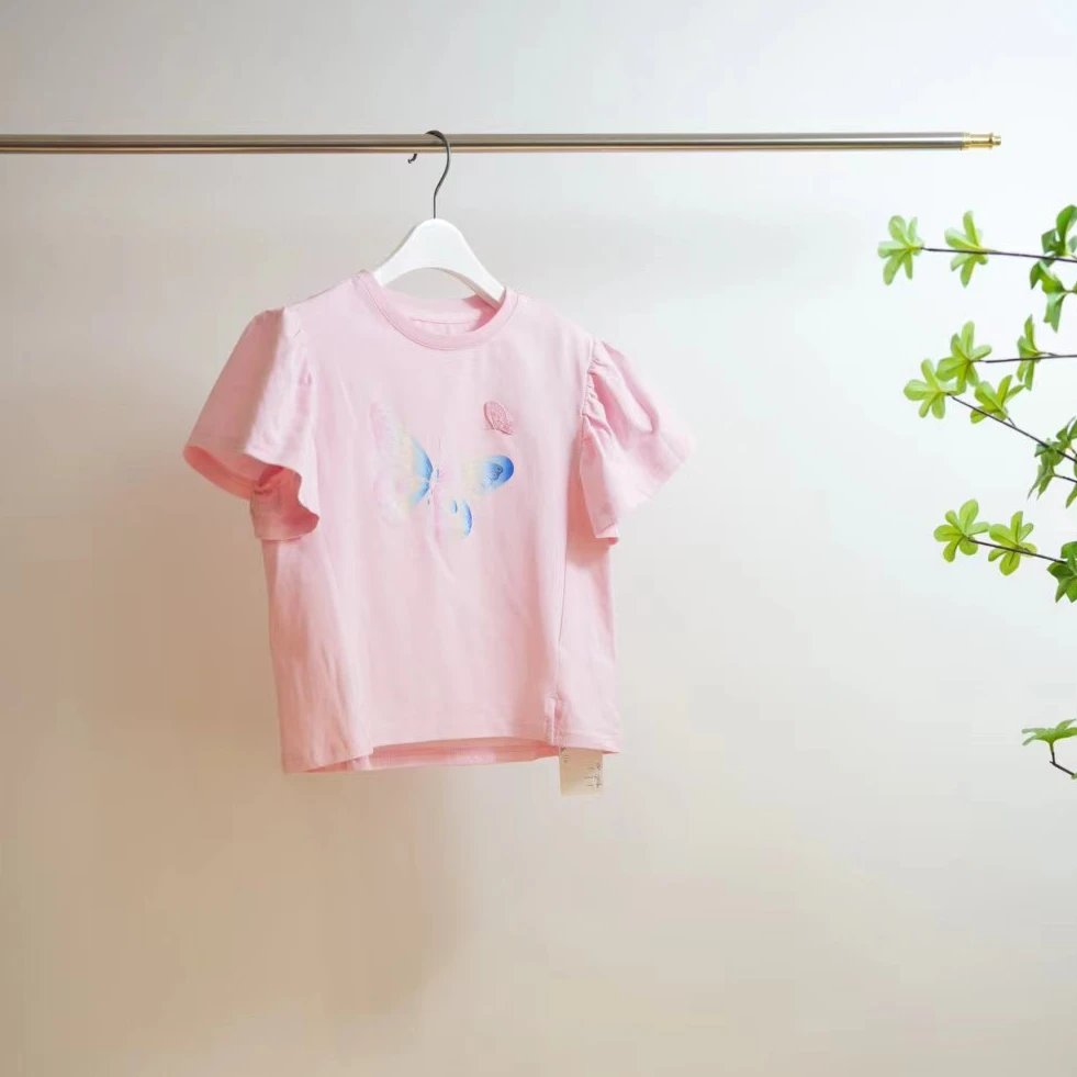 1-159-M粉色蝴蝶印花女童夏季休闲短袖T恤