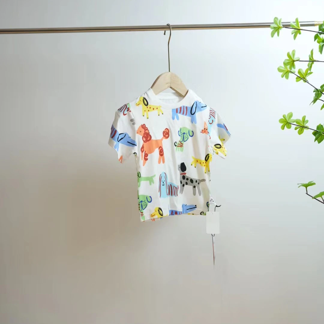 0351-M白色满印卡通可爱狗狗印花夏季小童短袖T恤